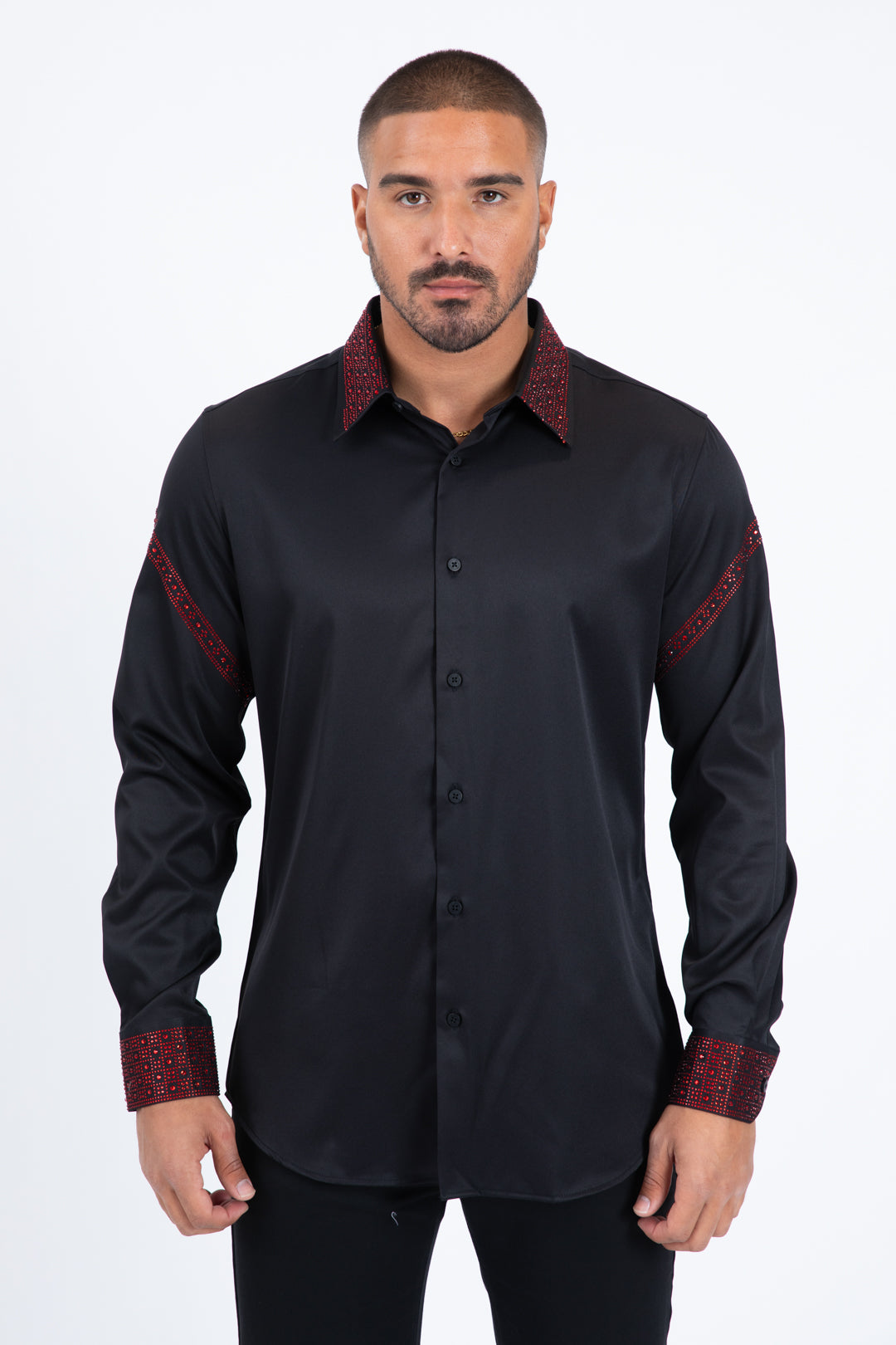 Men’s Solid Satin Shirt with Red Rhinestone Appliques - Black