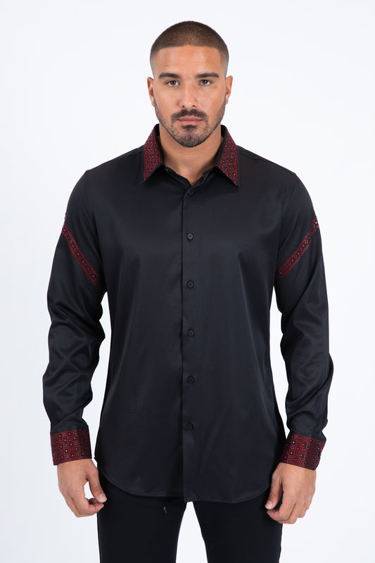 Men’s Solid Satin Shirt with Red Rhinestone Appliques - Black