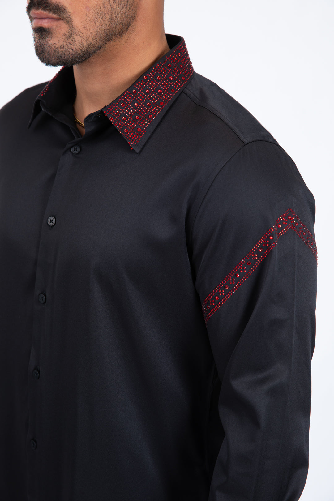Men’s Solid Satin Shirt with Red Rhinestone Appliques - Black