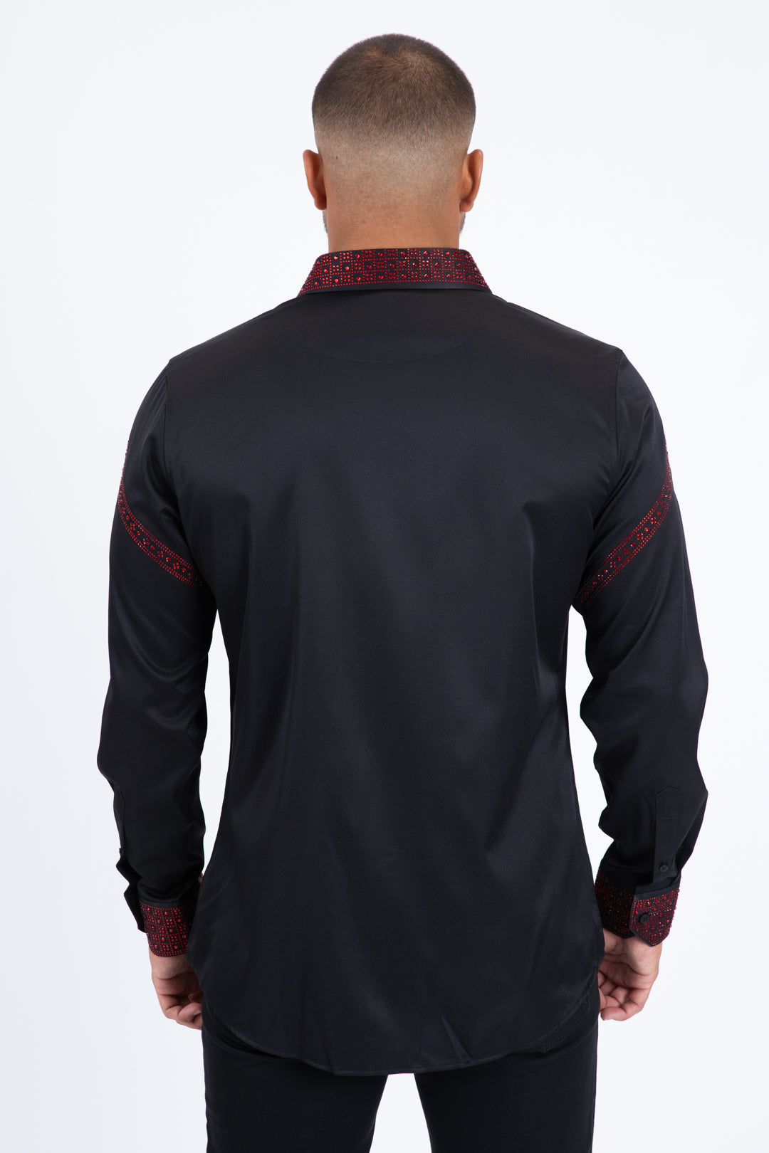 Men’s Solid Satin Shirt with Red Rhinestone Appliques - Black