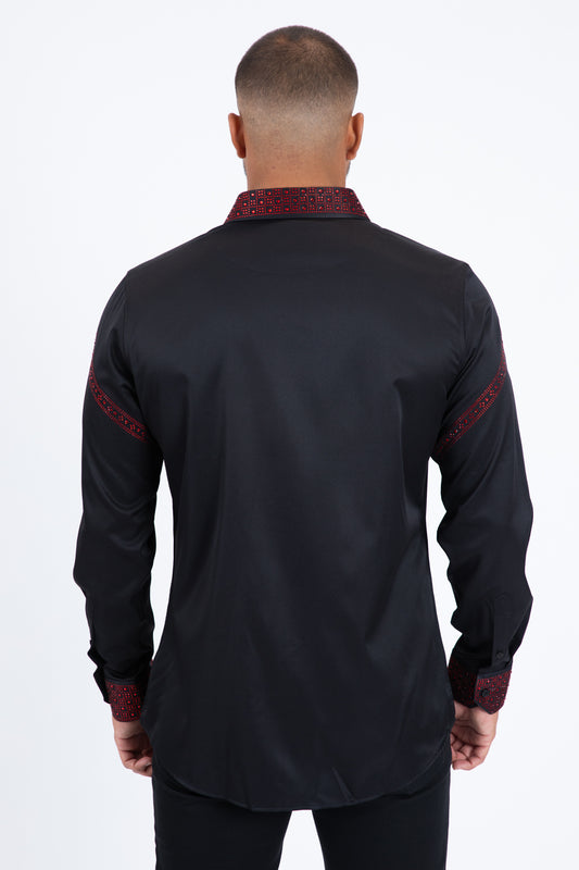 Men’s Solid Satin Shirt with Red Rhinestone Appliques - Black