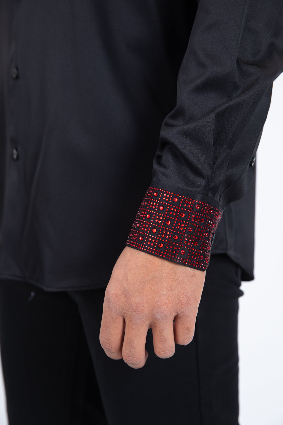 Men’s Solid Satin Shirt with Red Rhinestone Appliques - Black
