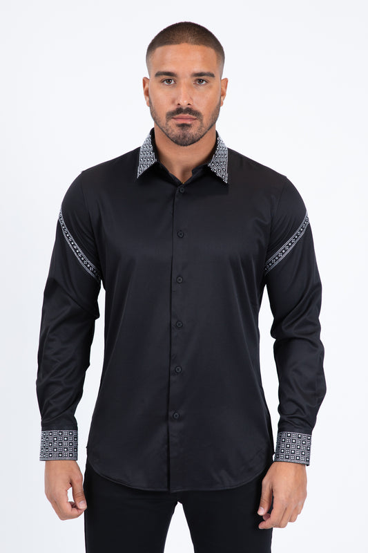 Men’s Solid Satin Shirt with Silver Rhinestone Appliques - Black