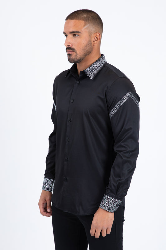 black rhinestone solid satin shirt platini side