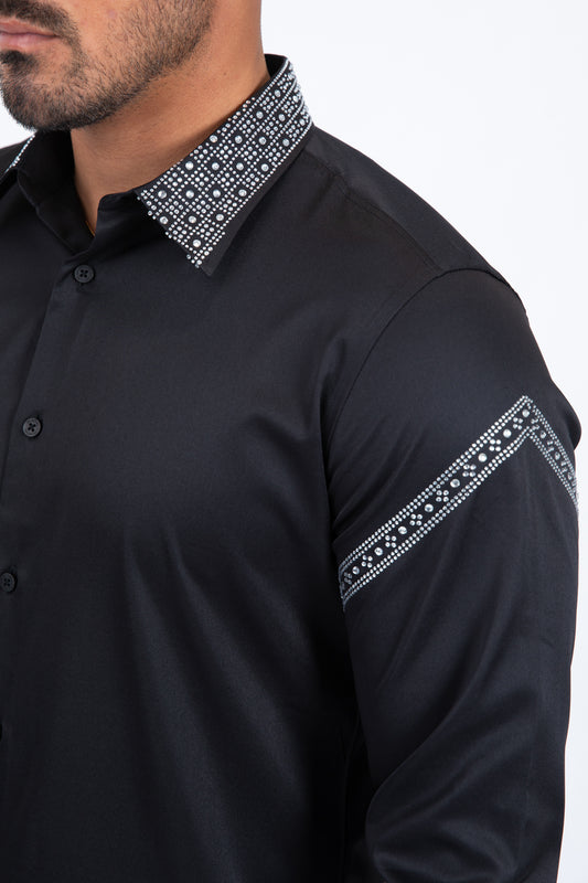 black rhinestone solid satin shirt platini detail