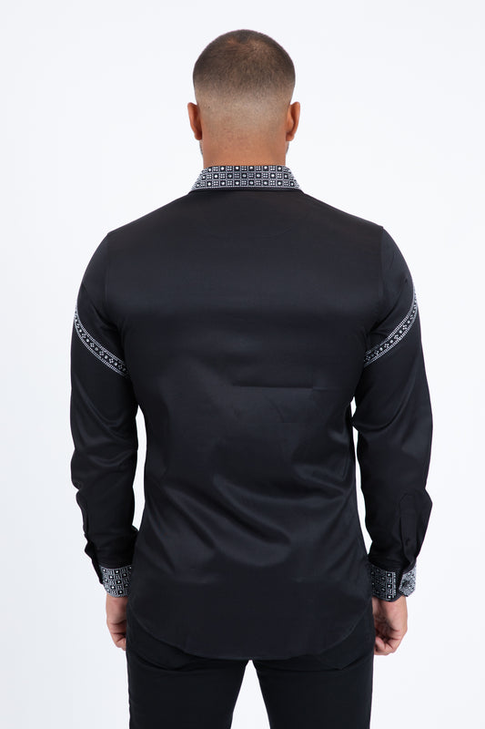 Men’s Solid Satin Shirt with Silver Rhinestone Appliques - Black