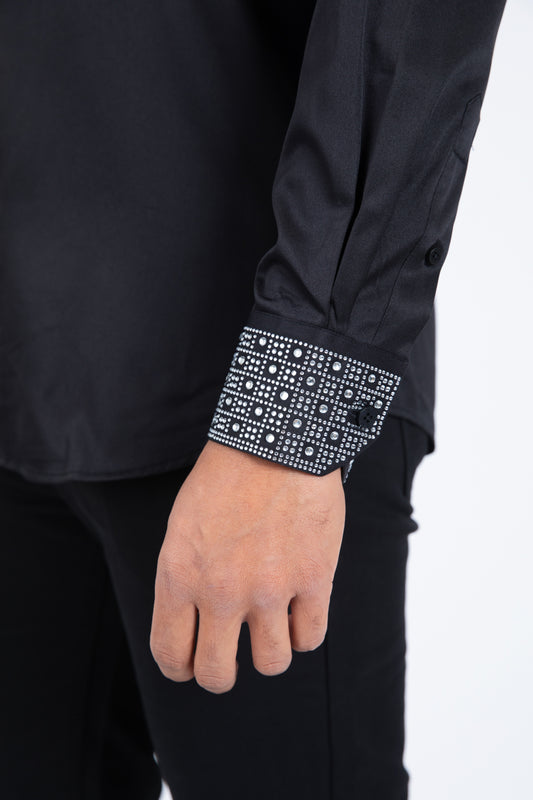 black rhinestone solid satin shirt platini detail