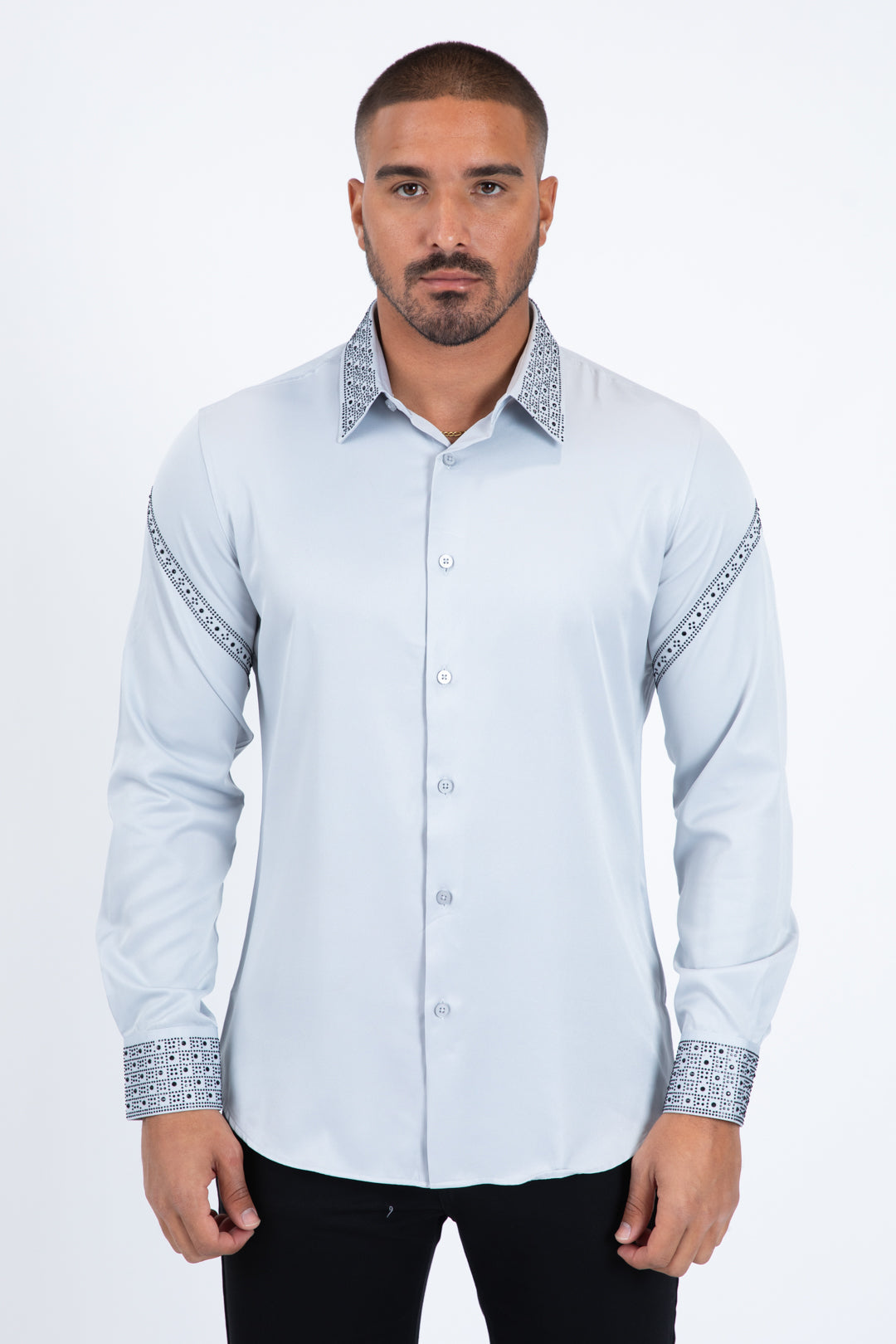 Men’s Solid Satin Shirt with Silver Rhinestone Appliques - Grey