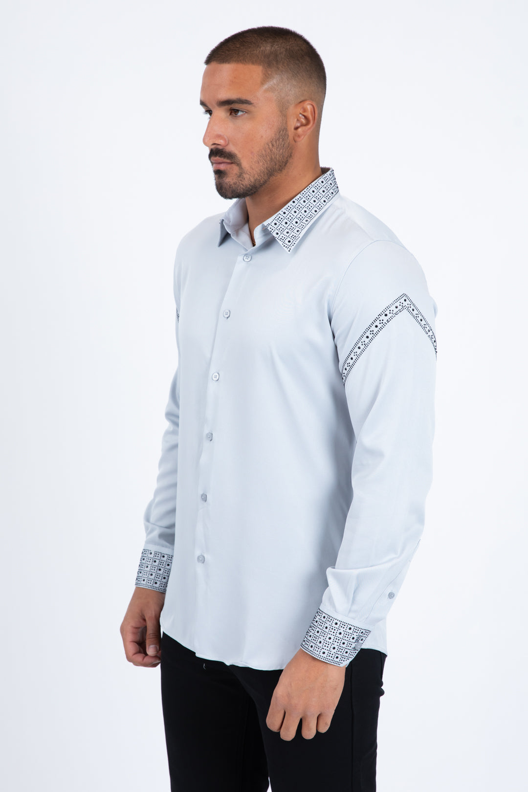 Men’s Solid Satin Shirt with Silver Rhinestone Appliques - Grey
