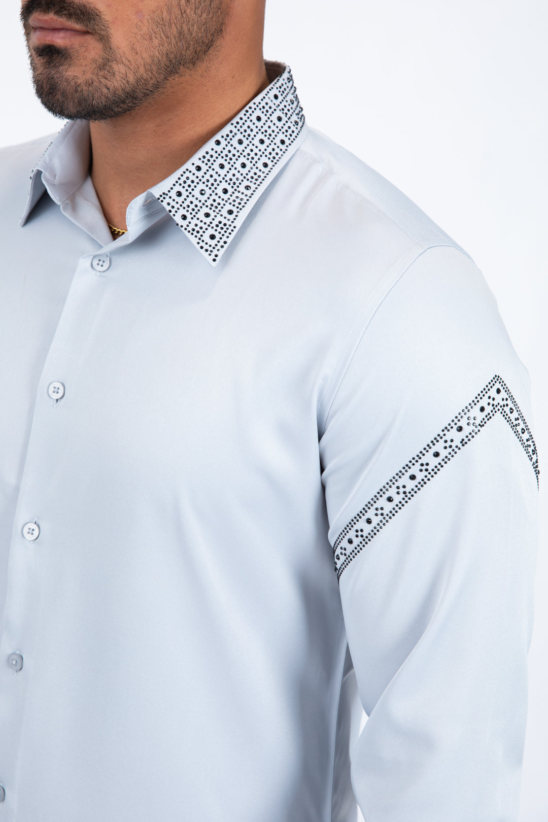 Men’s Solid Satin Shirt with Silver Rhinestone Appliques - Grey