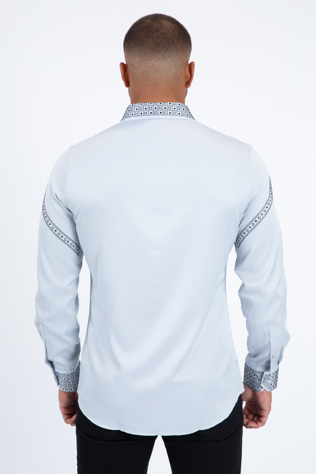 Men’s Solid Satin Shirt with Silver Rhinestone Appliques - Grey