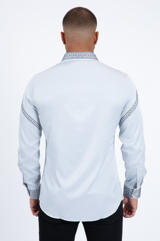 Men’s Solid Satin Shirt with Silver Rhinestone Appliques - Grey
