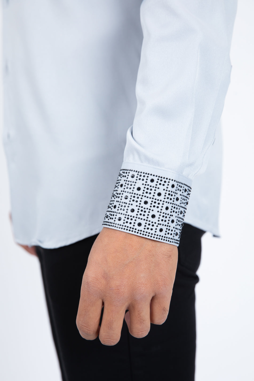 Men’s Solid Satin Shirt with Silver Rhinestone Appliques - Grey