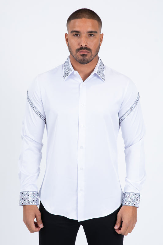 Men’s Solid Satin Shirt with Silver Rhinestone Appliques - White