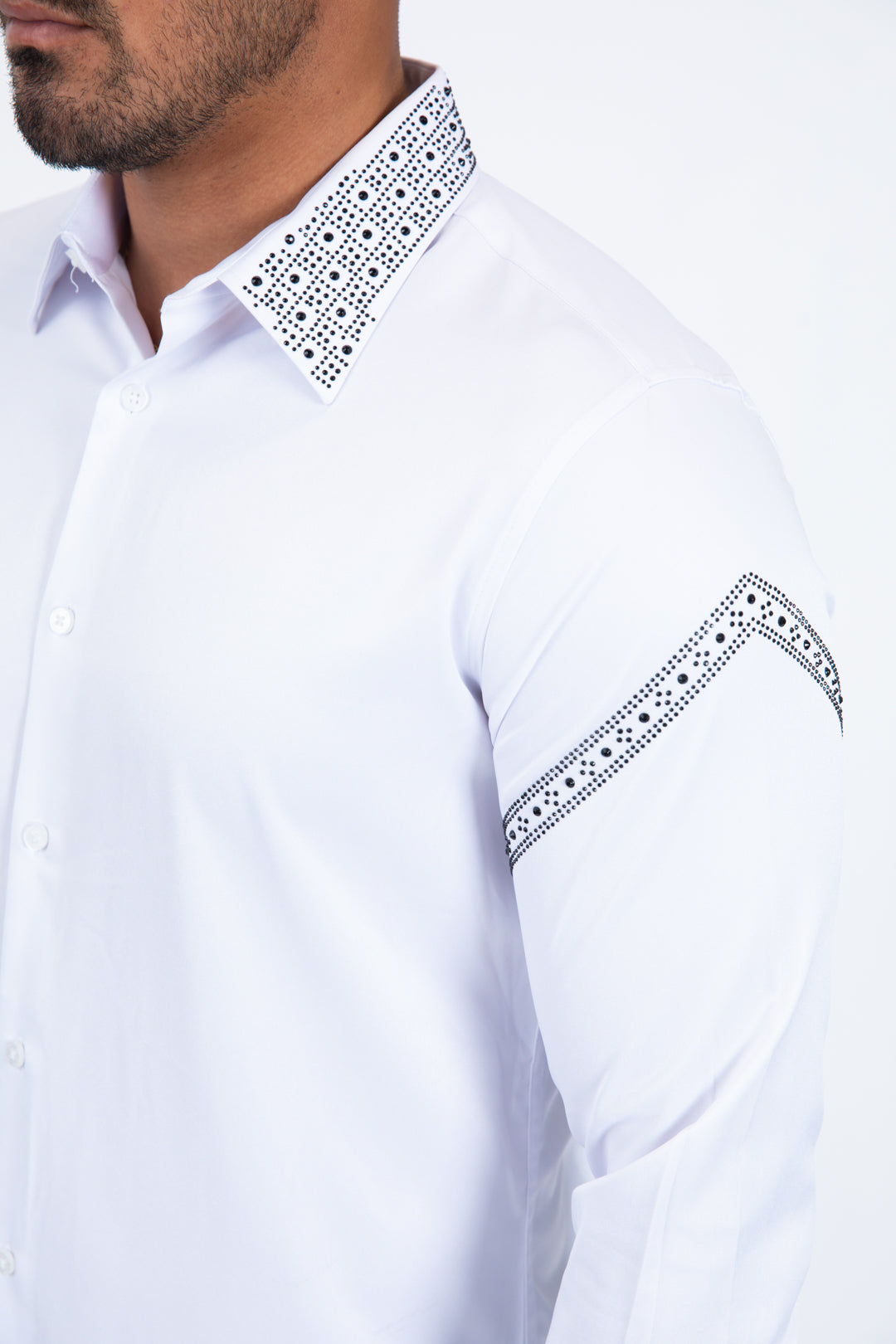Men’s Solid Satin Shirt with Silver Rhinestone Appliques - White
