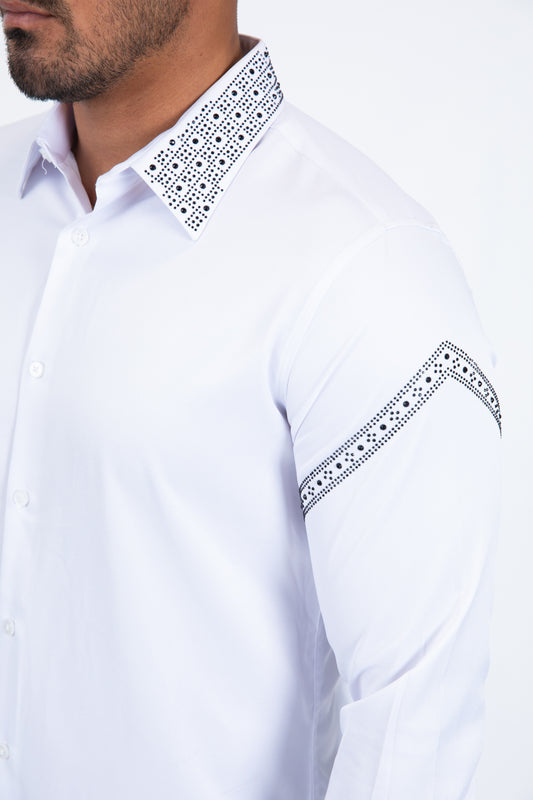 white rhinestone solid satin shirt men platini back