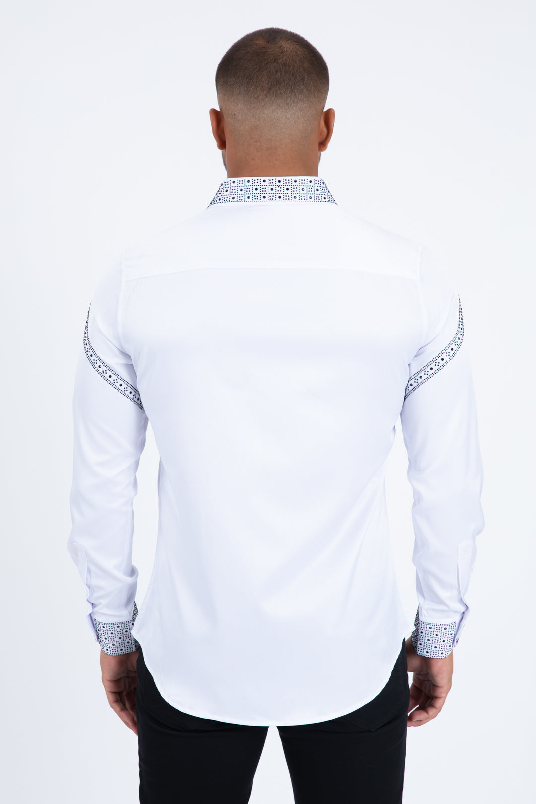 Men’s Solid Satin Shirt with Silver Rhinestone Appliques - White