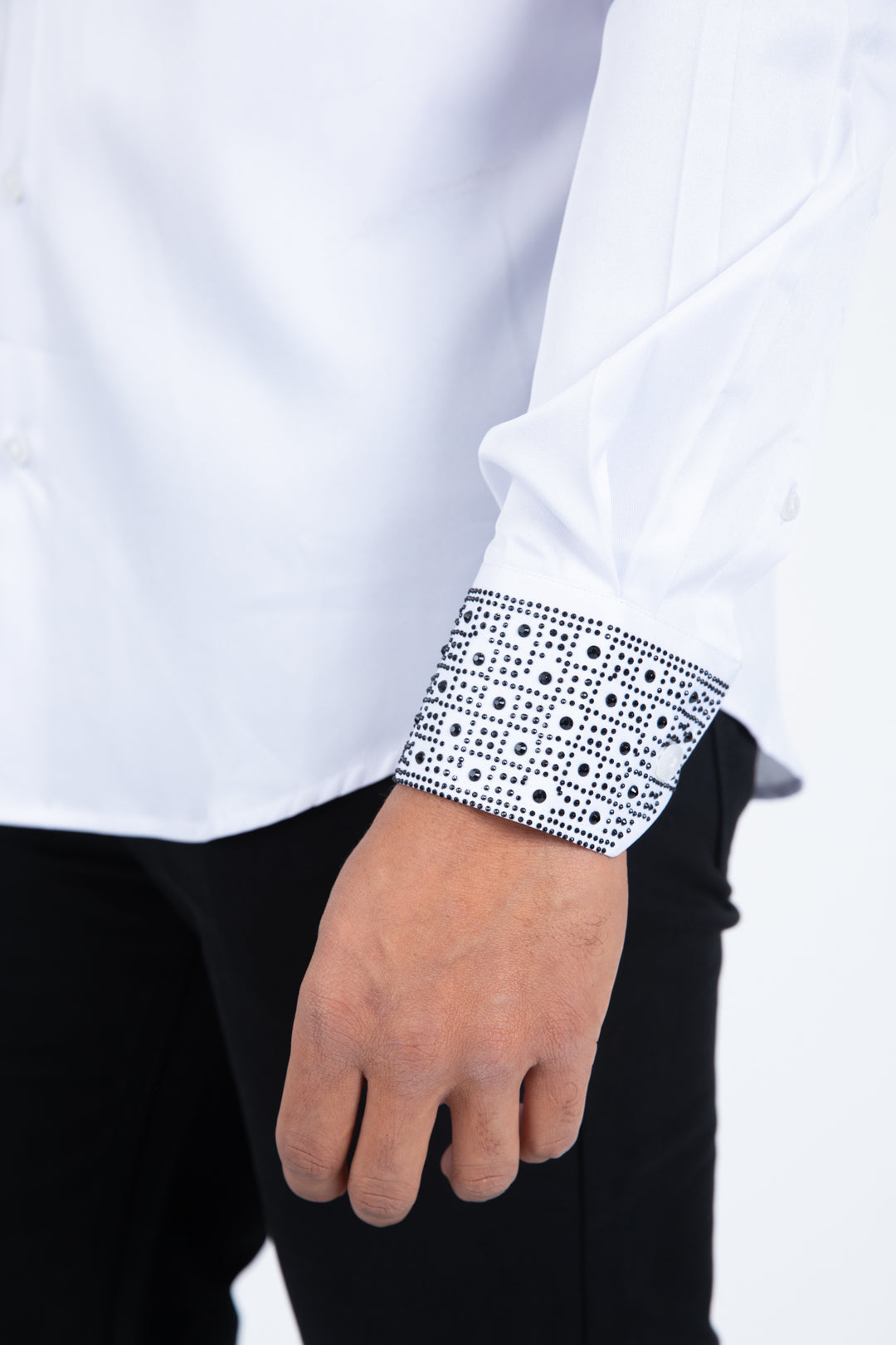 Men’s Solid Satin Shirt with Silver Rhinestone Appliques - White