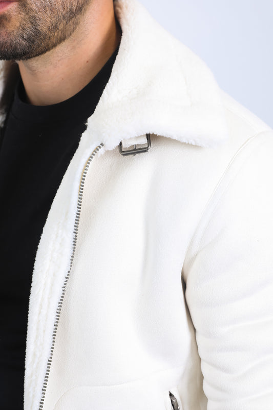 white suede shearling jacket close platini detail