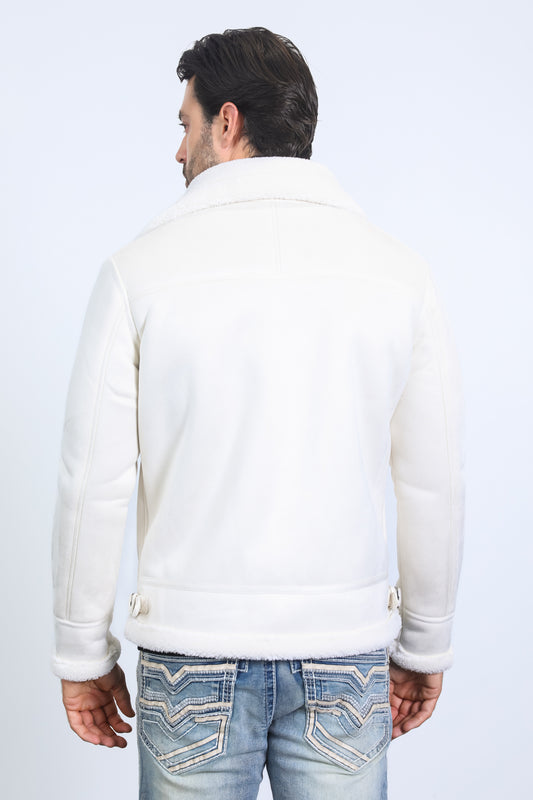 white suede shearling jacket detail platini back