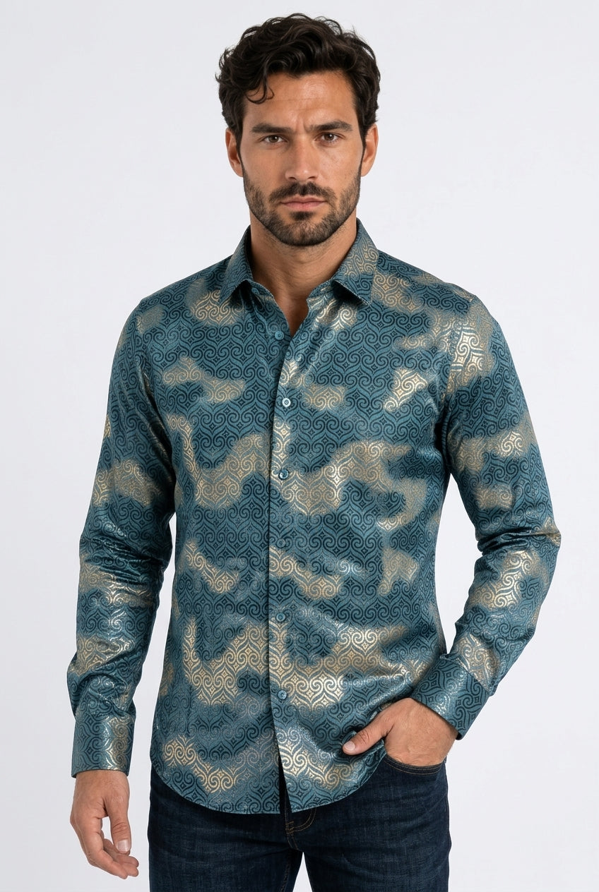 teal swirl ogee foil shirt men platini front