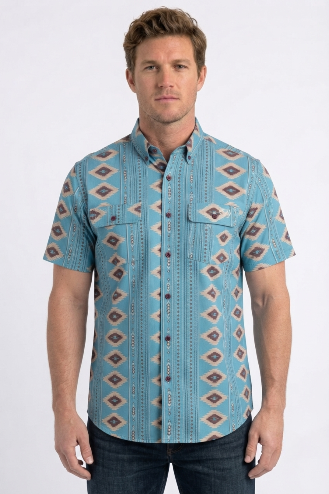 teal diamond tribal print performance shirt men platini front