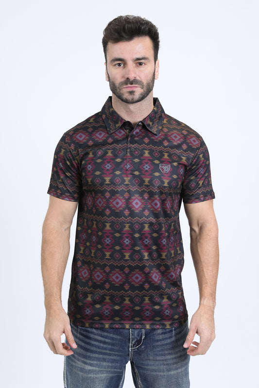 Man wearing a patterned shirt on a white background