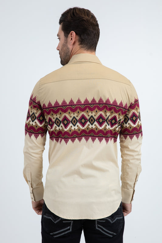 beige tribal gradient western shirt men platini back