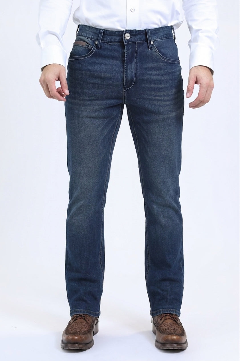 dark denim blue wade boot cut jean men platini front