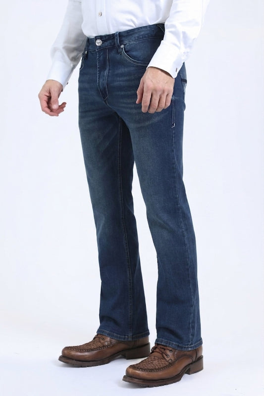 dark denim blue wade boot cut jean men platini side