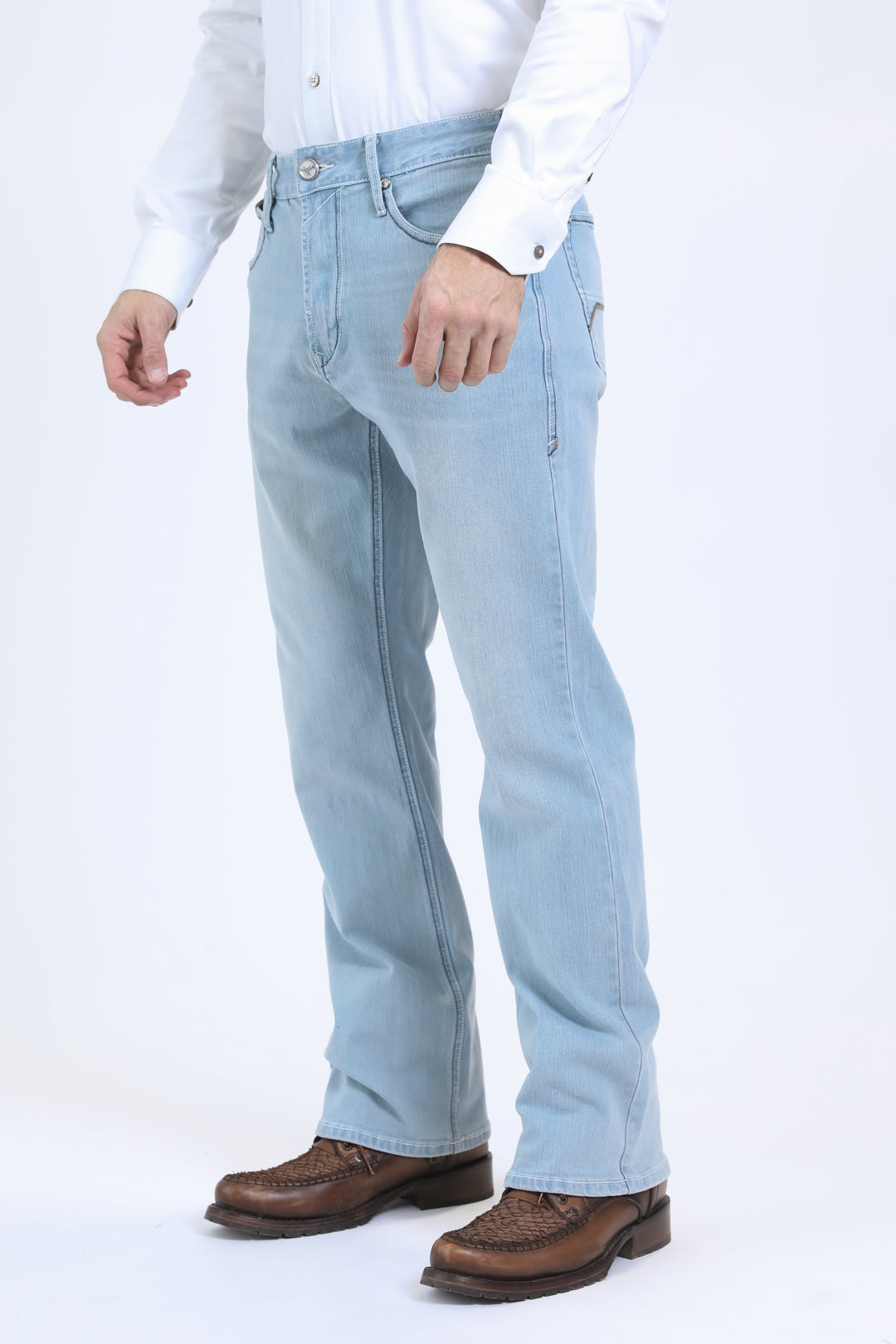light blue wade boot cut jean men platini side