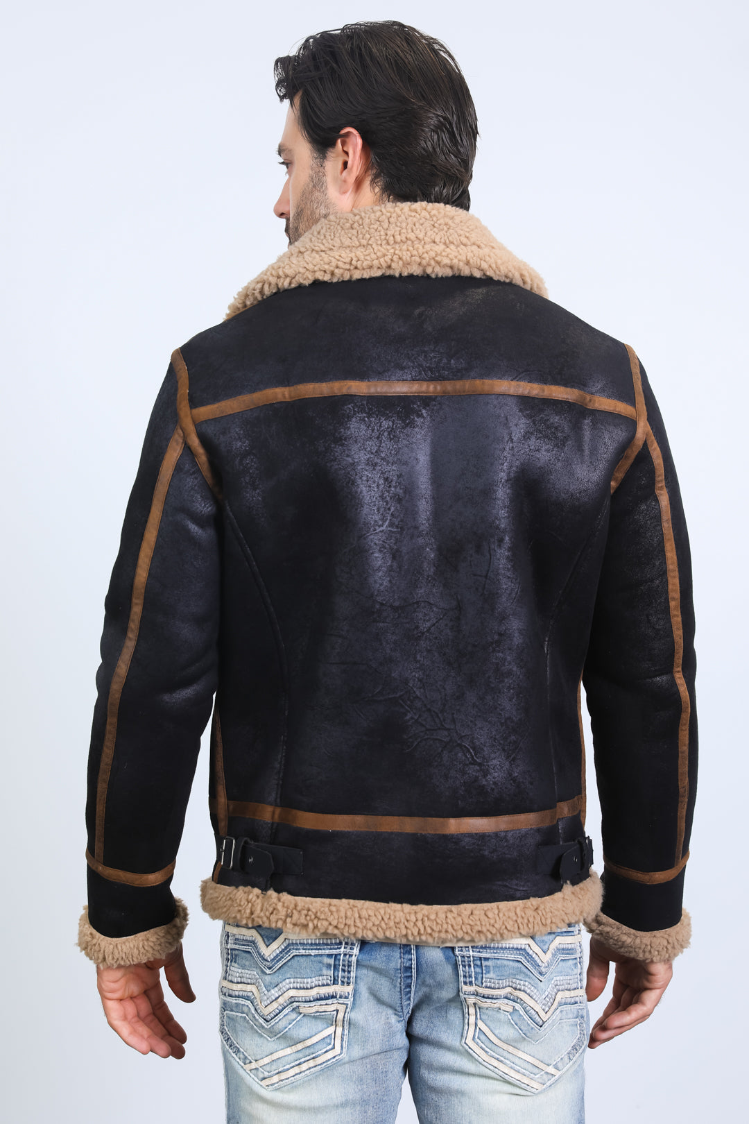 Men's Washed Suede Black Jacket w/ Faux Shearlinglined Platini Fashion
