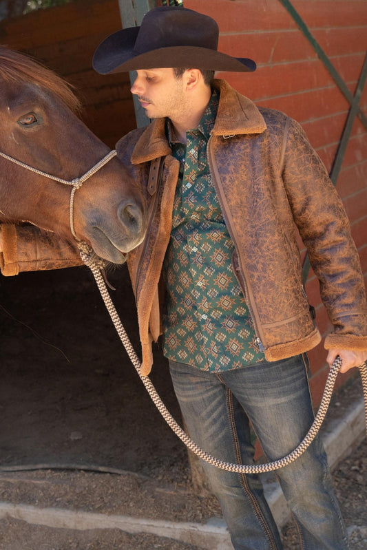 Men's Washed Suede Brown Jacket w/ Faux Shearling-lined