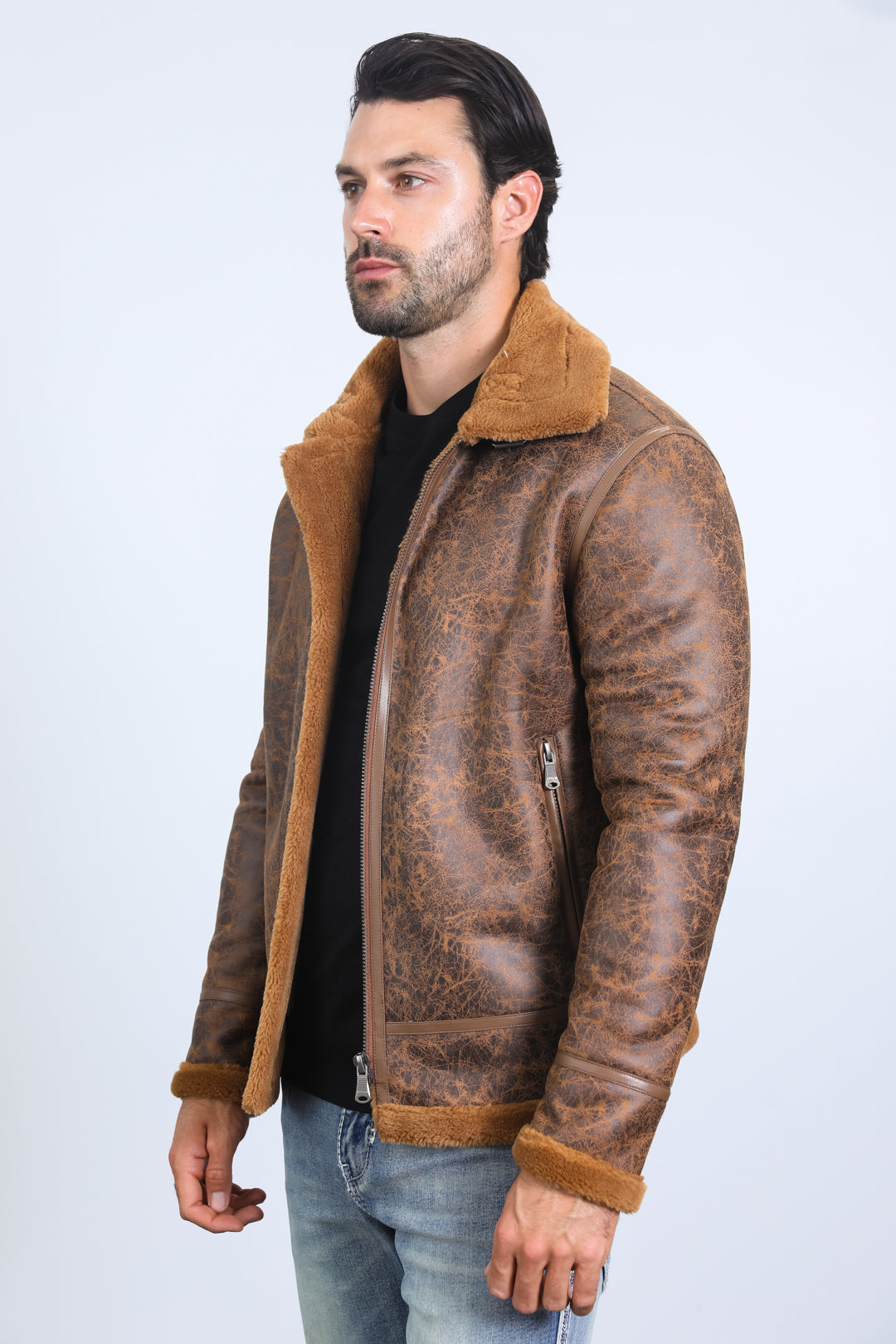 Men's Washed Suede Brown Jacket w/ Faux Shearlinglined Platini Fashion