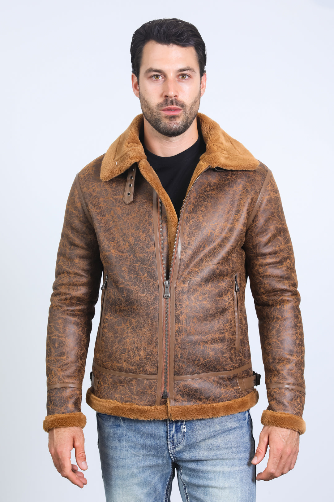 Men's Washed Suede Brown Jacket w/ Faux Shearlinglined Platini Fashion