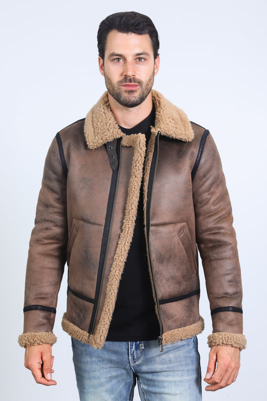 brown washed suede shearling jacket front platini front