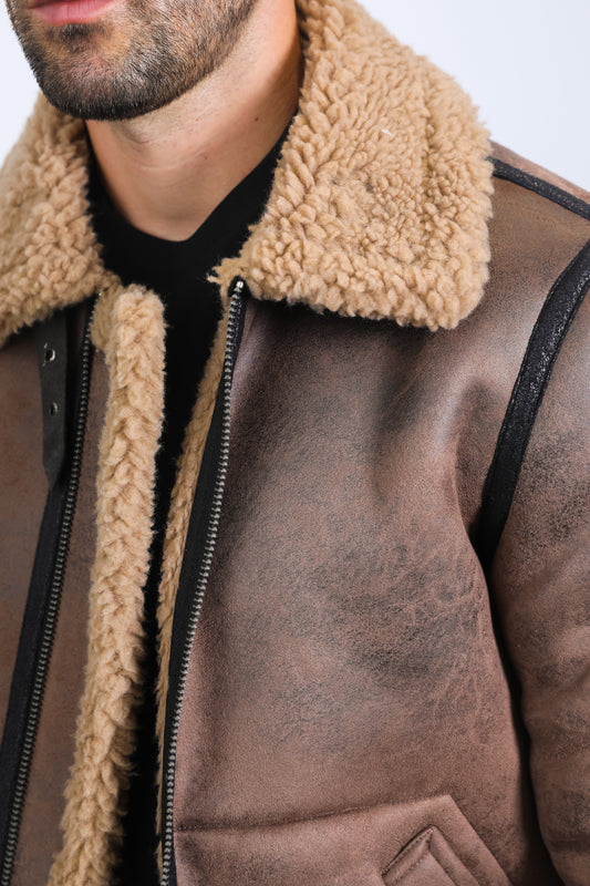 brown washed suede shearling jacket close platini detail