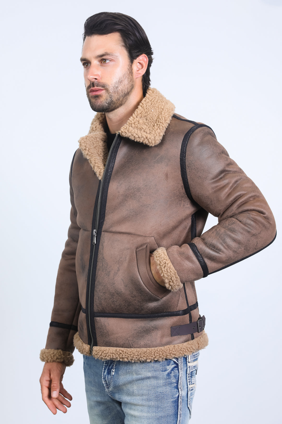 Men's Washed Suede Brown Jacket w/ Faux Shearling-lined – Platini