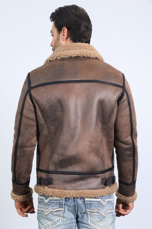 brown washed suede shearling jacket detail platini back