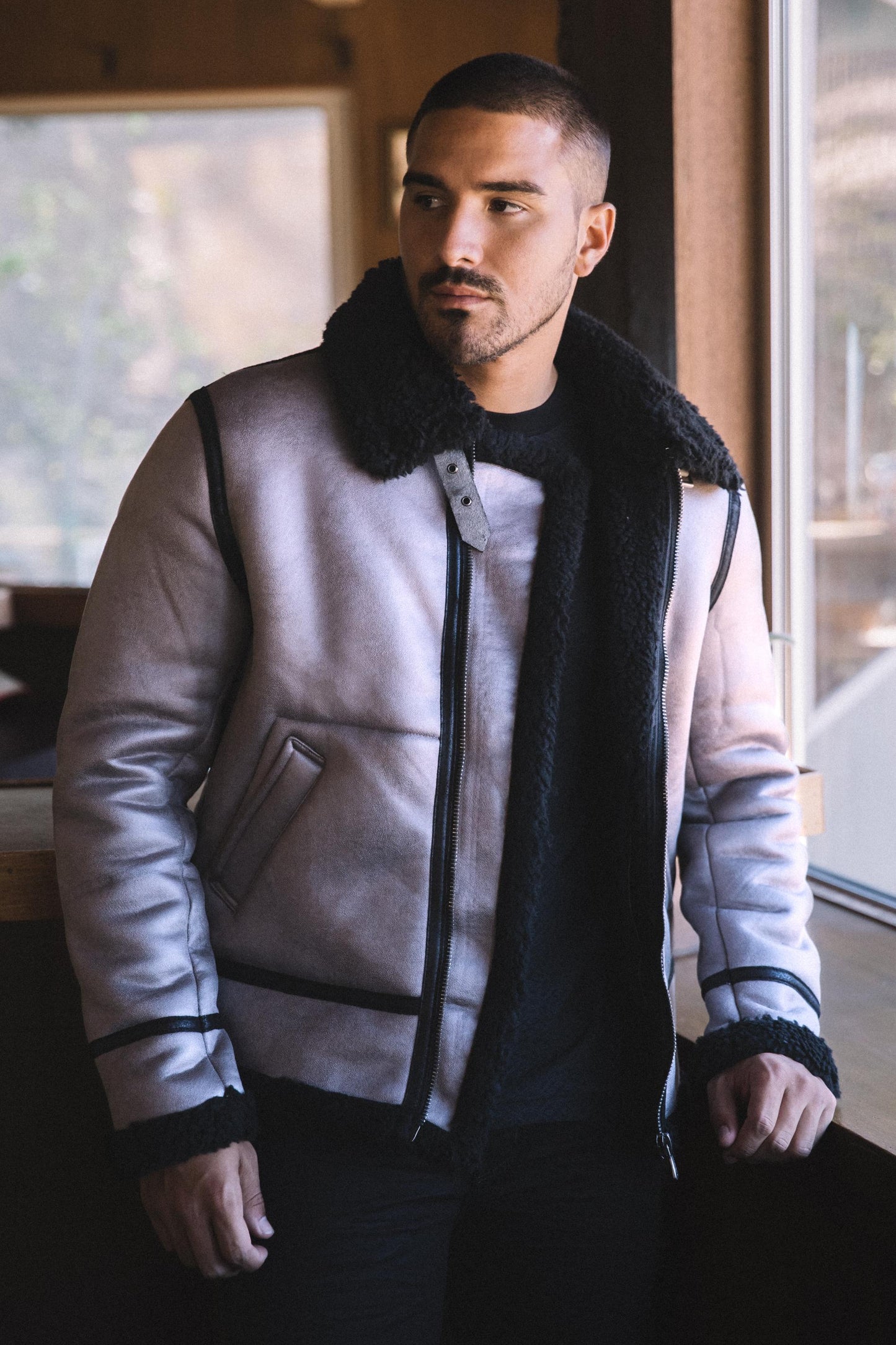 Men's Washed Suede Grey Jacket w/ Faux Shearling-lined