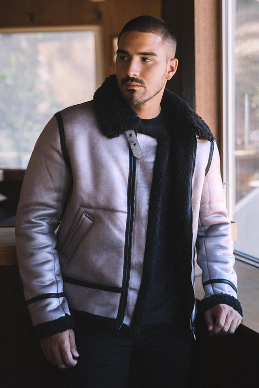 Men's Washed Suede Grey Jacket w/ Faux Shearling-lined