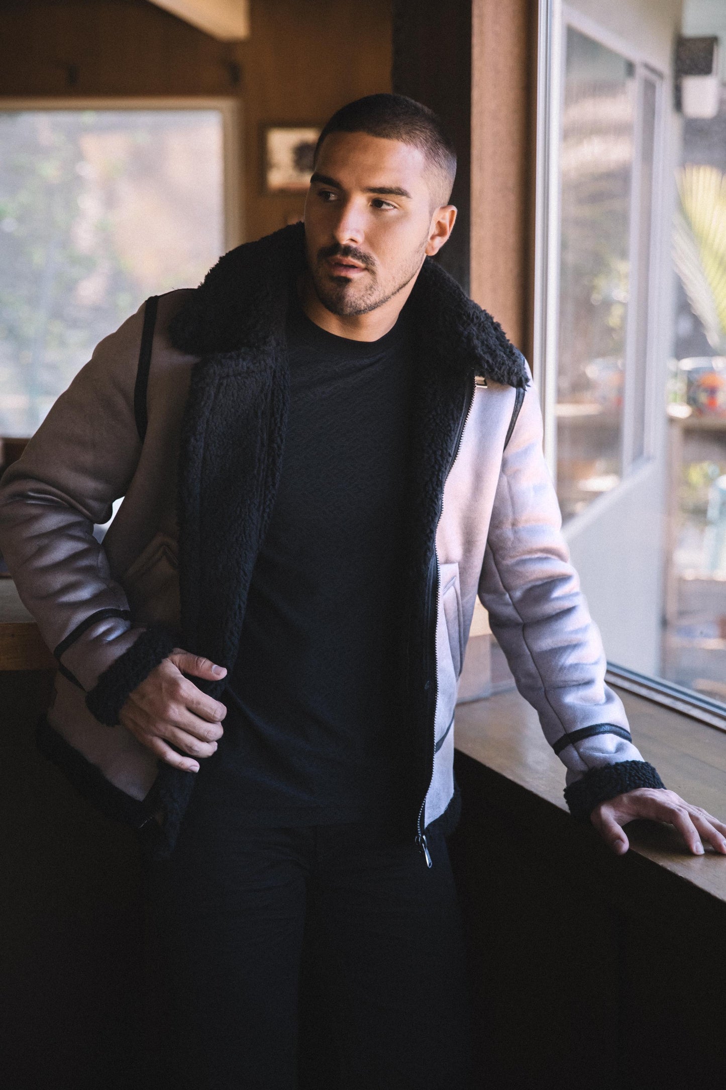 Men's Washed Suede Grey Jacket w/ Faux Shearling-lined