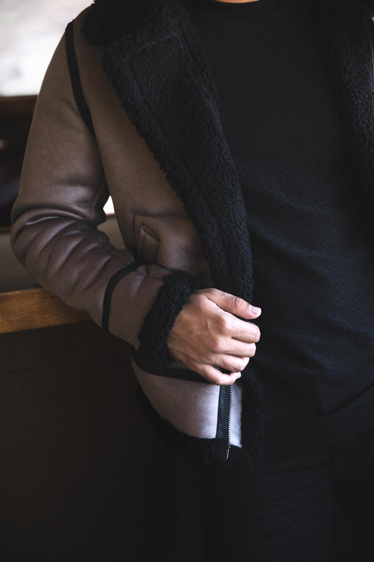 Men's Washed Suede Grey Jacket w/ Faux Shearling-lined