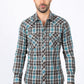 Mens Western Checkered Teal Long Sleeve Shirts