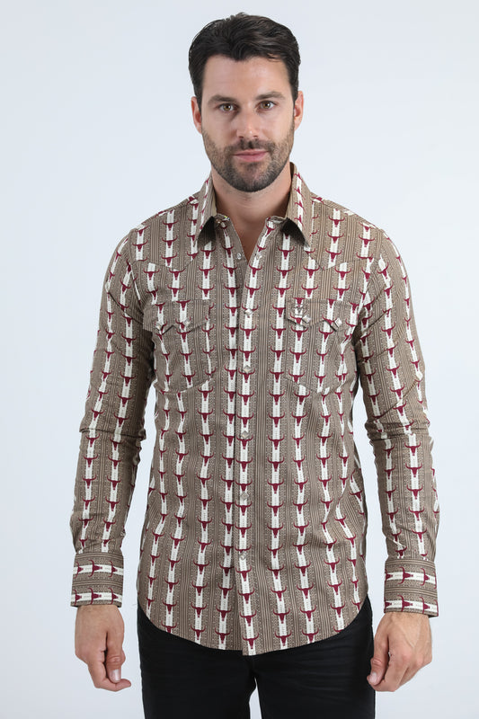 Mens Western Modern Fit Cotton/Spandex Long Sleeve Beige Shirt with Snaps