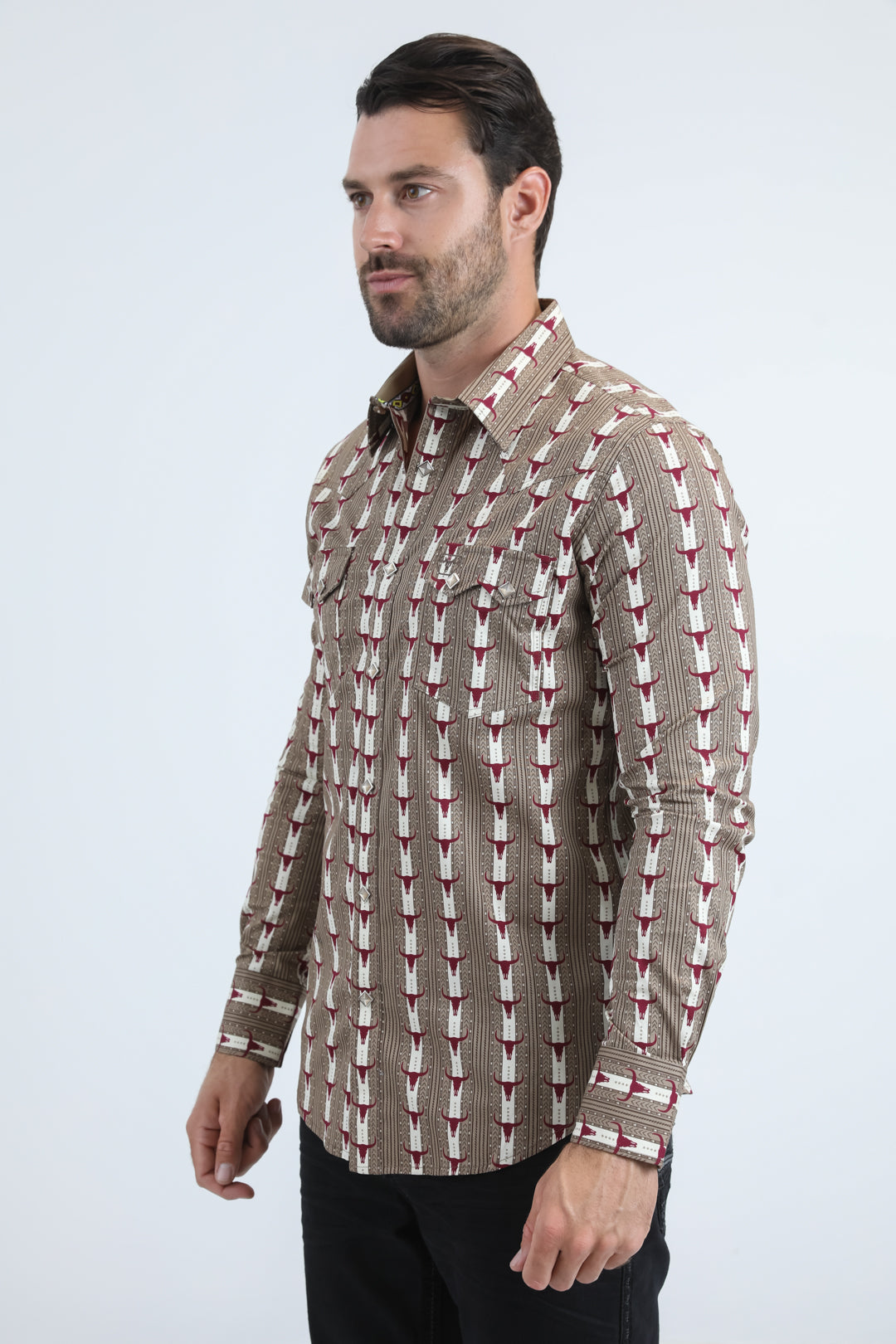Mens Western Modern Fit Cotton/Spandex Long Sleeve Beige Shirt with Snaps