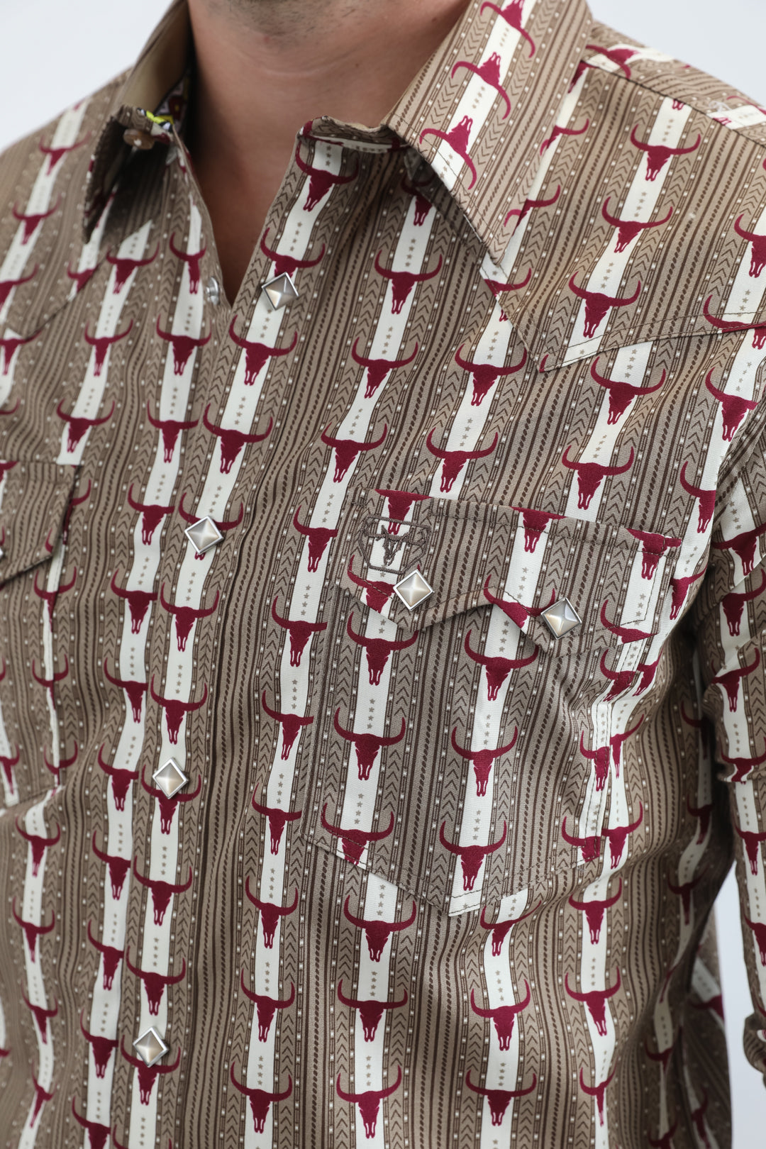 Mens Western Modern Fit Cotton/Spandex Long Sleeve Beige Shirt with Snaps