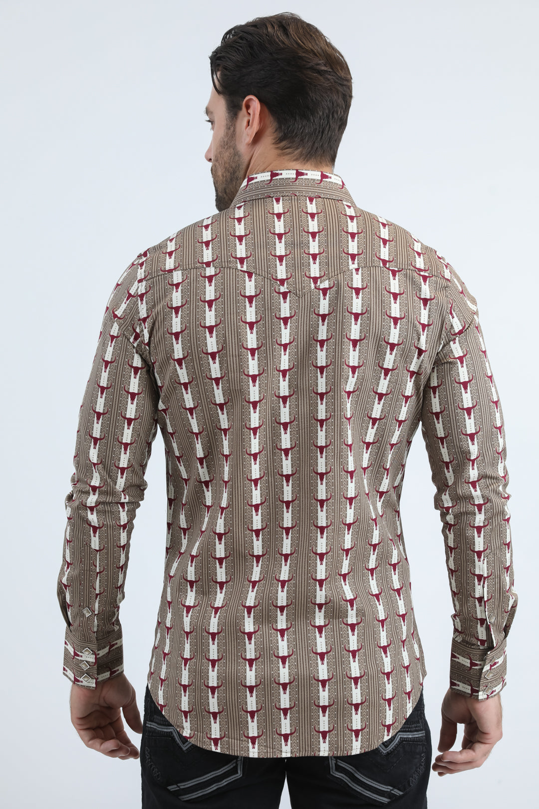 Mens Western Modern Fit Cotton/Spandex Long Sleeve Beige Shirt with Snaps
