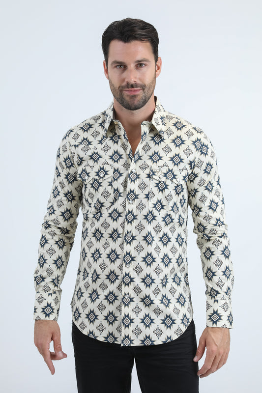 Mens Western Modern Fit Cotton/Spandex Long Sleeve Beige Shirt with Snaps