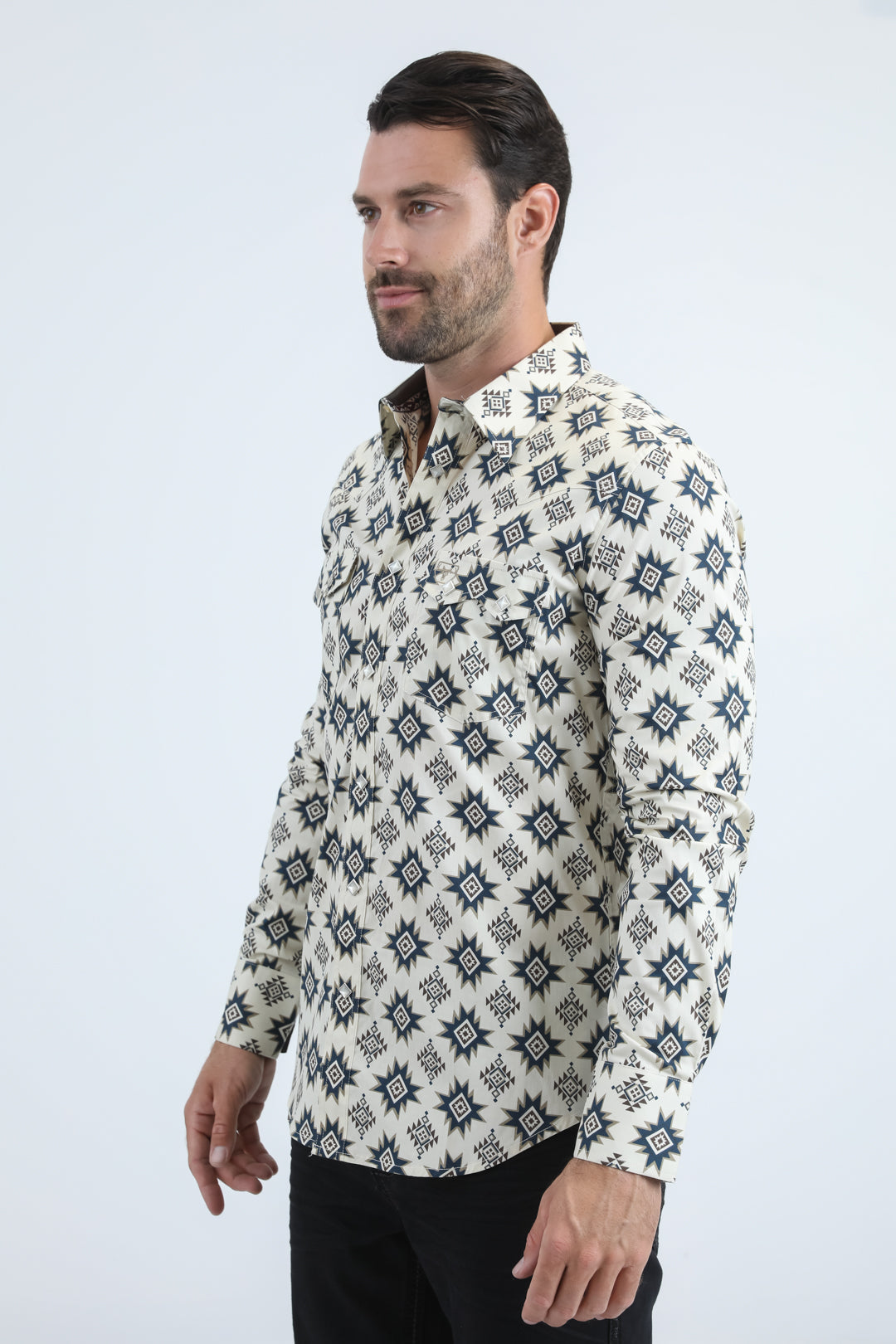 Mens Western Modern Fit Cotton/Spandex Long Sleeve Beige Shirt with Snaps